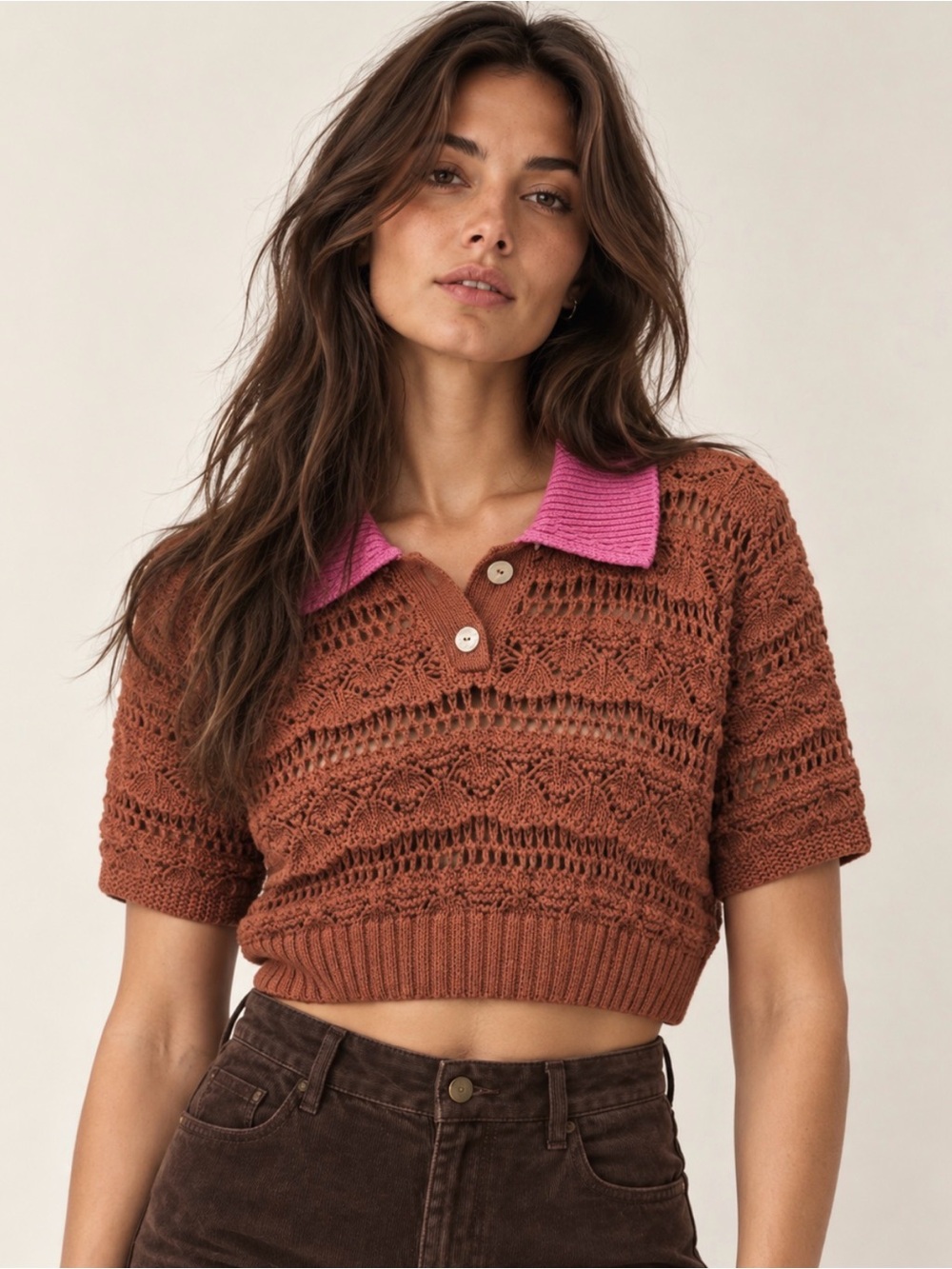 Zara Brown & Pink Cropped Knit Polo Sweater, Short Sleeve – Women’s Medium